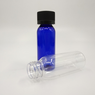 1 oz de garrafas redondas de plástico azul-cobalto de Boston com tampa de costelas pretas