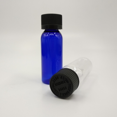1 oz de garrafas redondas de plástico azul-cobalto de Boston com tampa de costelas pretas