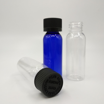 1 oz de garrafas redondas de plástico azul-cobalto de Boston com tampa de costelas pretas