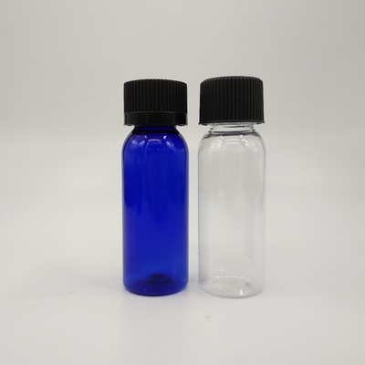 1 oz de garrafas redondas de plástico azul-cobalto de Boston com tampa de costelas pretas
