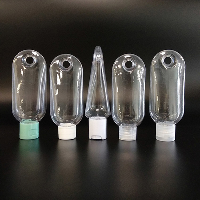 Garrafas de plástico transparente com colares em tamanhos de 30 ml, 50 ml e 60 ml