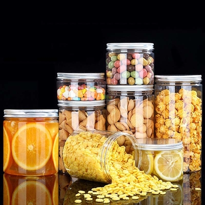 Recomendado grande frasco de plástico de especiarias biscoitos frasco de plástico transparente frasco de plástico tampa de ouro com etiqueta privada personalizada