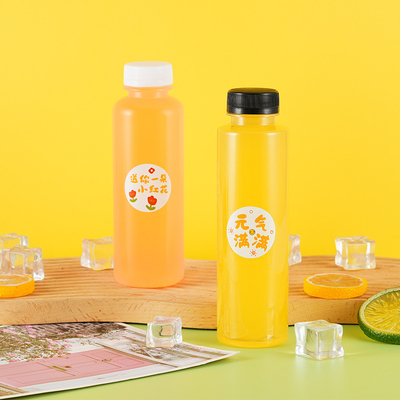 Novo design de garrafas de plástico 250ml 350ml 500ml suco de frutas garrafas de PET com tampa garrafas de plástico descartáveis para suco em estoque