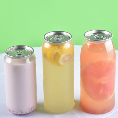 Latas de suco de plástico transparente com logotipo personalizado com tampa de alumínio, lata PET de plástico fácil de abrir, amostra grátis