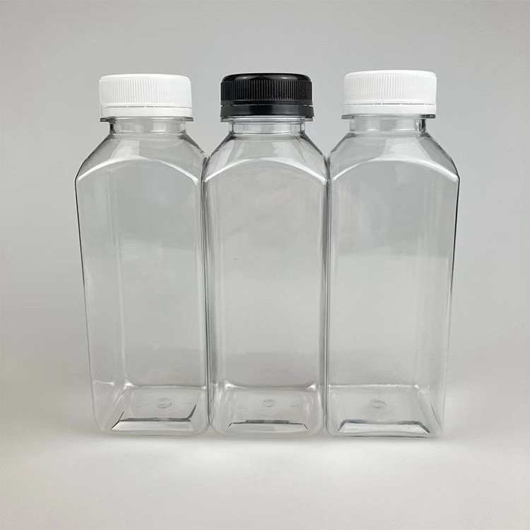 Suporte personalizado De tamanho diferente Garrafa de bebida de suco de plástico quadrada de animais de estimação com tampas pretas e brancas