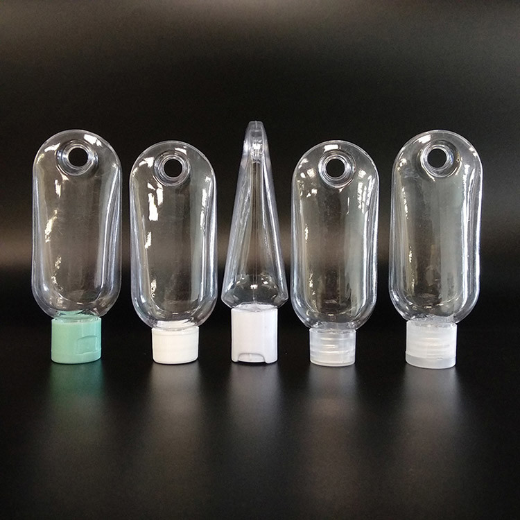 Garrafas de plástico transparente com colares em tamanhos de 30 ml, 50 ml e 60 ml